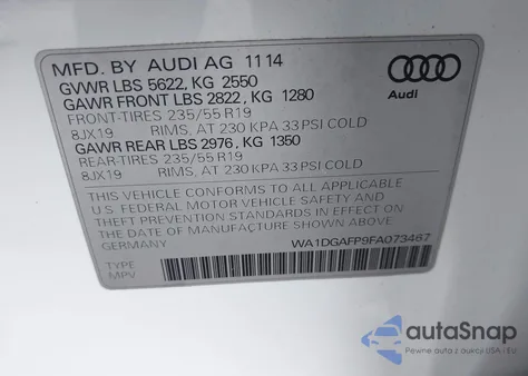 2015 Audi Q5 3.0T Premium Plus из США, поврежденный, VIN WA1DGAFP9FA073467